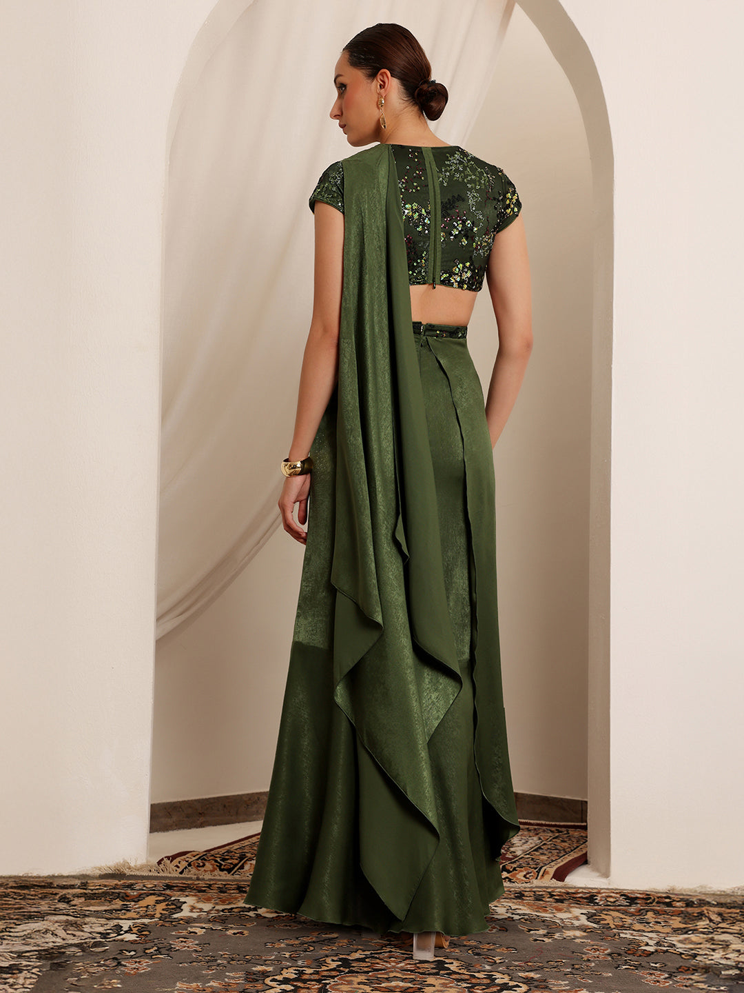 Women's Olive V-Neck Short-Sleeve Embellished Draped Maxi Velvet Dress