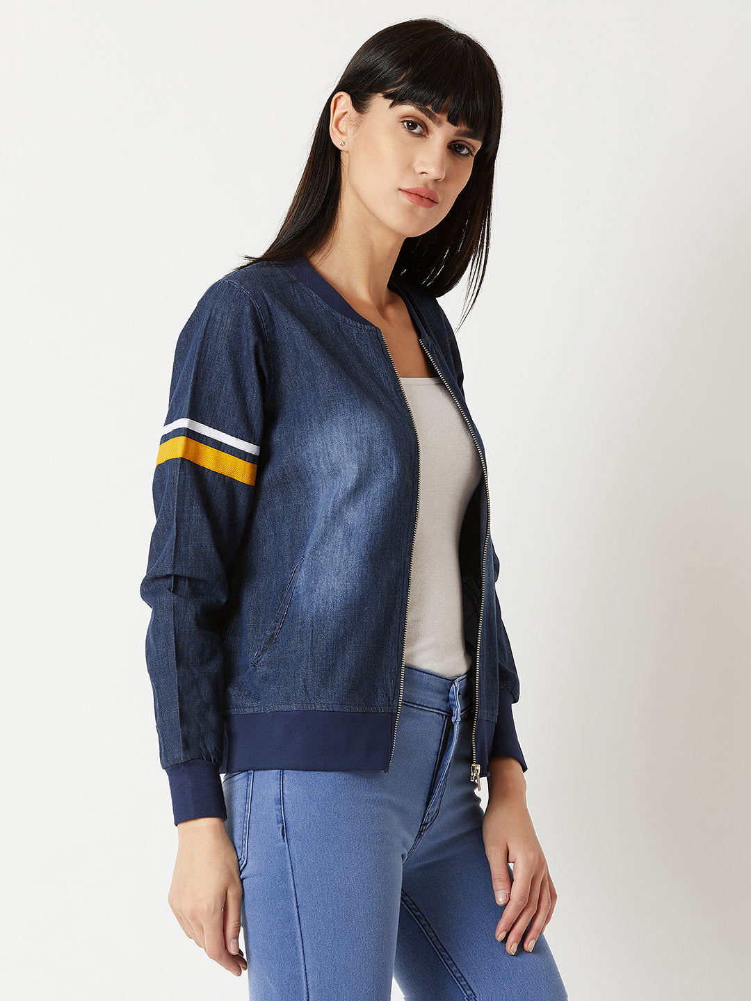 Women's Navy Blue V Neck Full Sleeve Twill And Rib Detailing Solid Bomber Denim Jacket