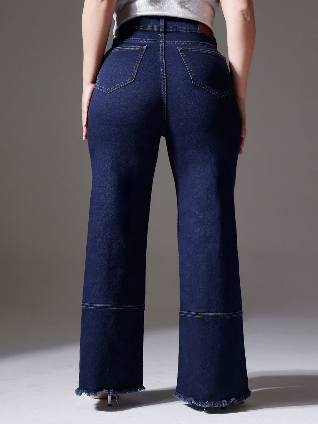 Women's Navy Blue Wide-Leg High-Rise Stretchable Denim Jeans