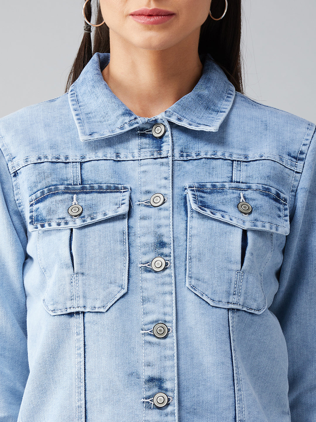 Women's Light Blue Collared Full Sleeves Solid Buttoned Denim Jacket