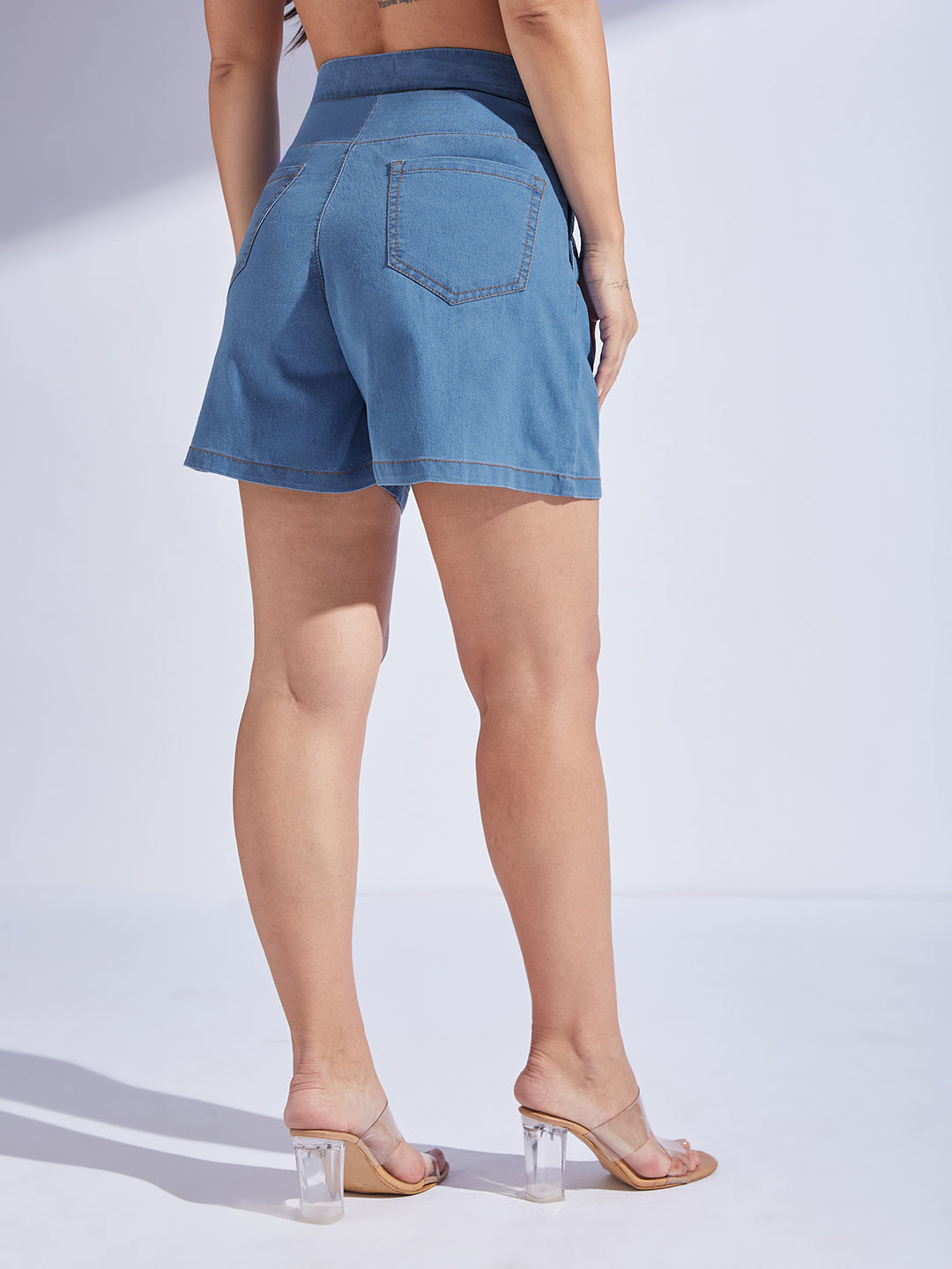 Women's Blue Flared High-Rise Clean-Look Regular-Length Stretchable Special Lightweight Denim Shorts