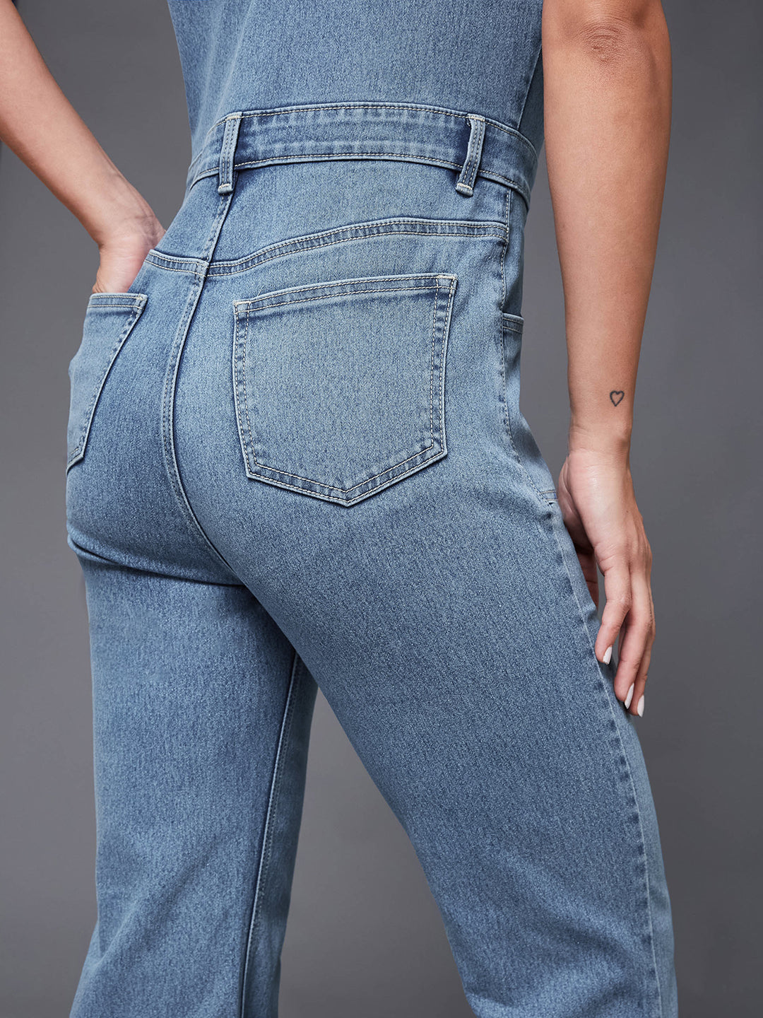 Women's Blue flared High-Rise Regular Stretchable Denim Jumpsuit