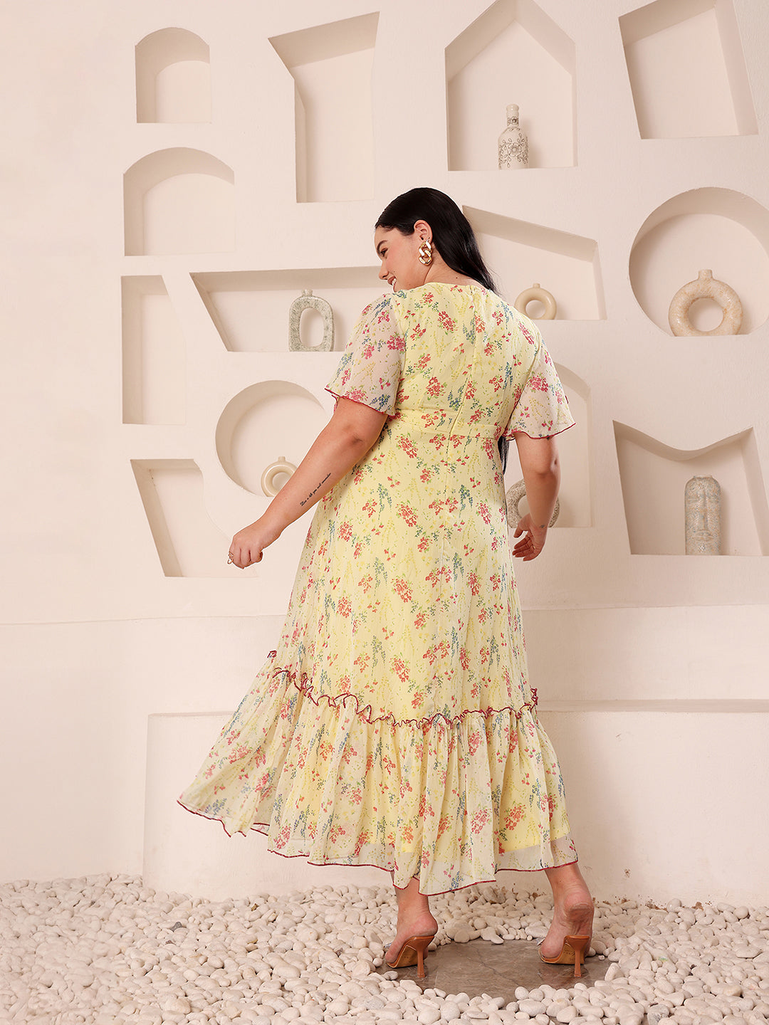 Body Bliss Multicolored-Base-Yellow V-Neck Flared Sleeve Floral Wrap Maxi Dress