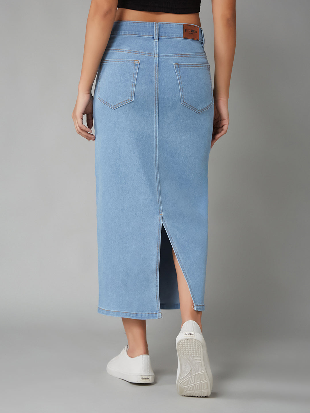 Women's Light Blue Straight High-Rise Clean-Look Midi Stretchable Denim Denim Skirt
