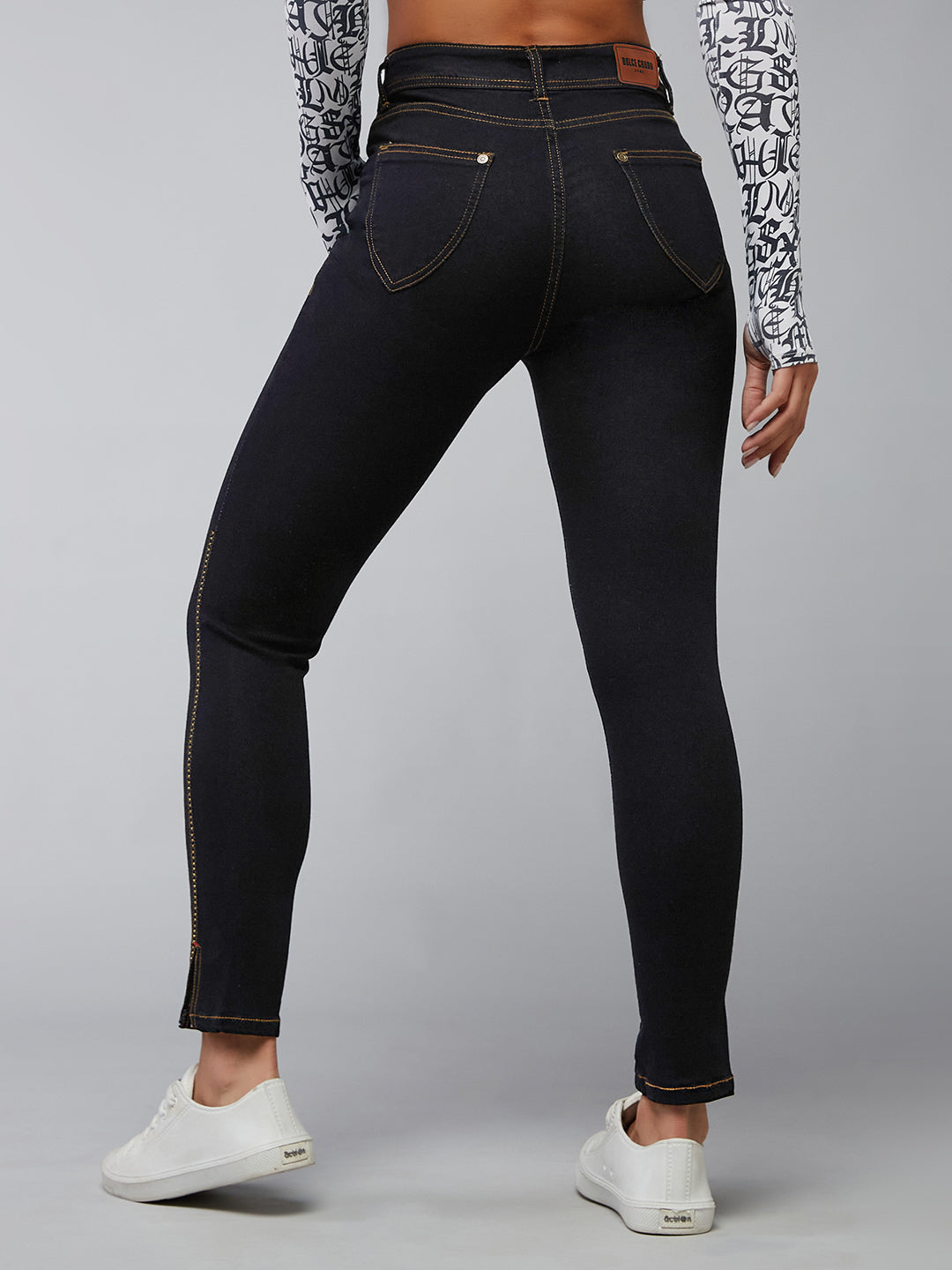 Women's Black Embellished Skinny High-Rise Side-Slit Solid Cropped-Length Stretchable Denim Jeans