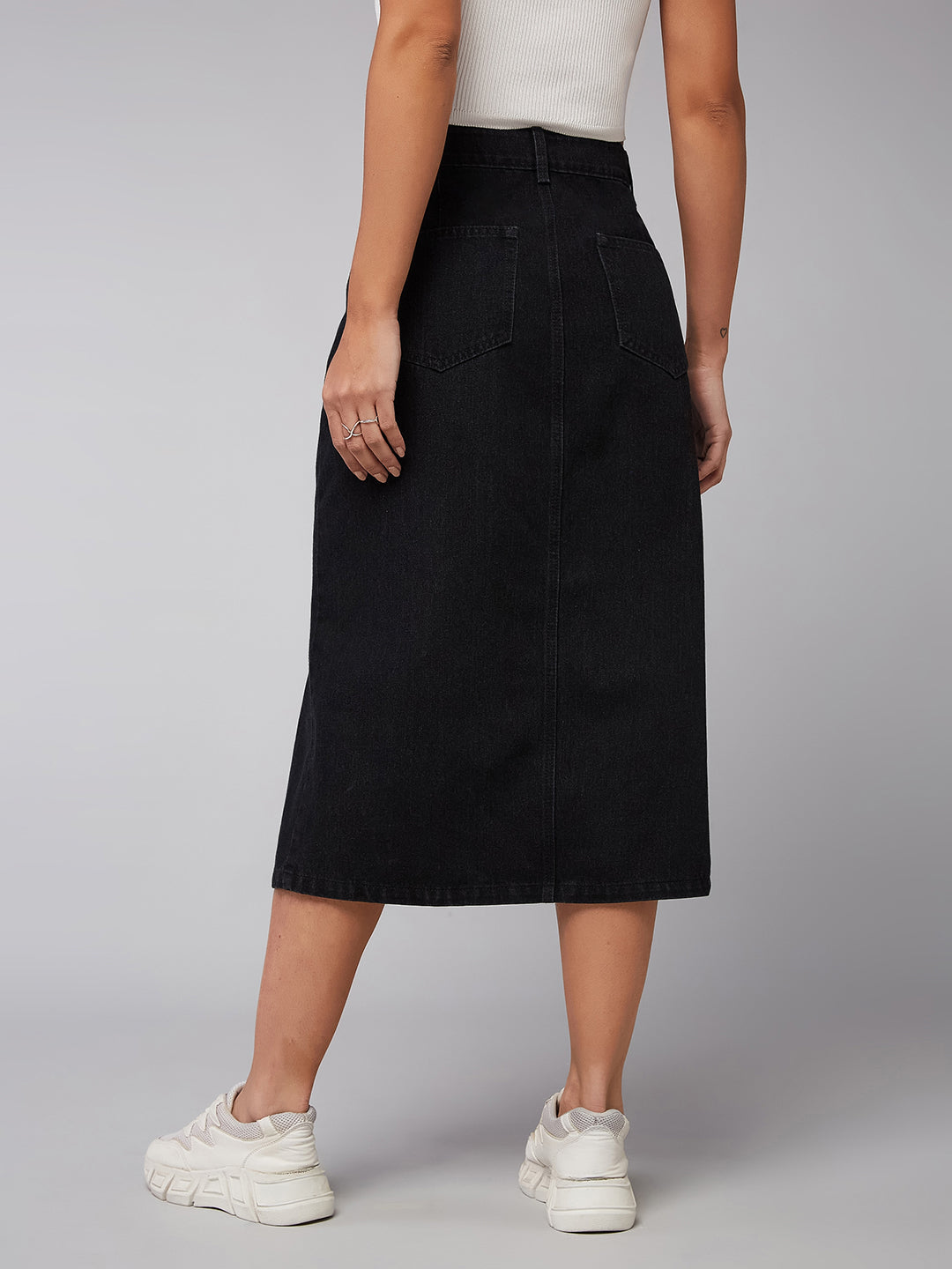 High-waisted, straight-fit, black denim midi skirt for women