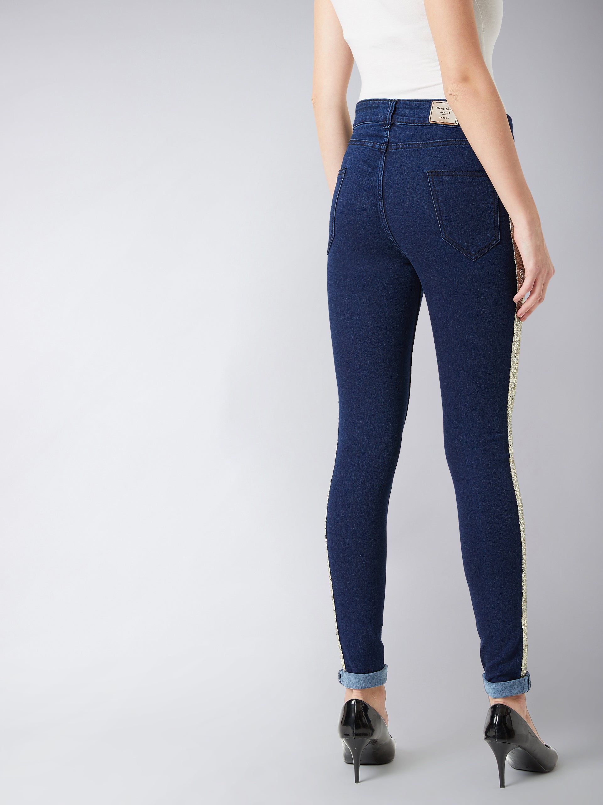 Women's Navy-Blue Skinny Mid-Rise Clean-Look Glitter Denim Jeans Pant