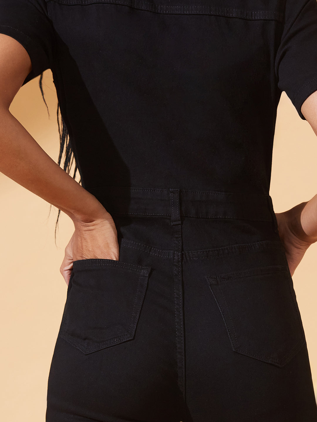 Black Flared High-Rise Regular Stretchable Denim Jumpsuit for Women — Dolce Crudo