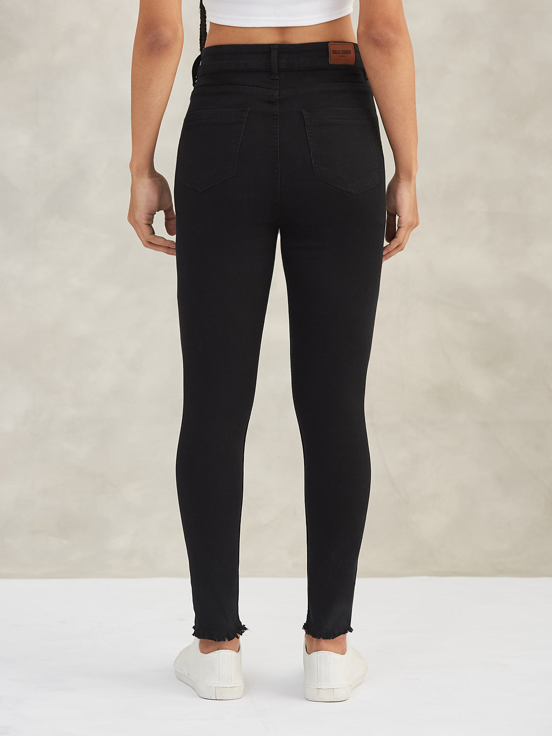 Women's Black Skinny Fringe-Detailing High-Rise Solid Cropped Stretchable Denim Jeans