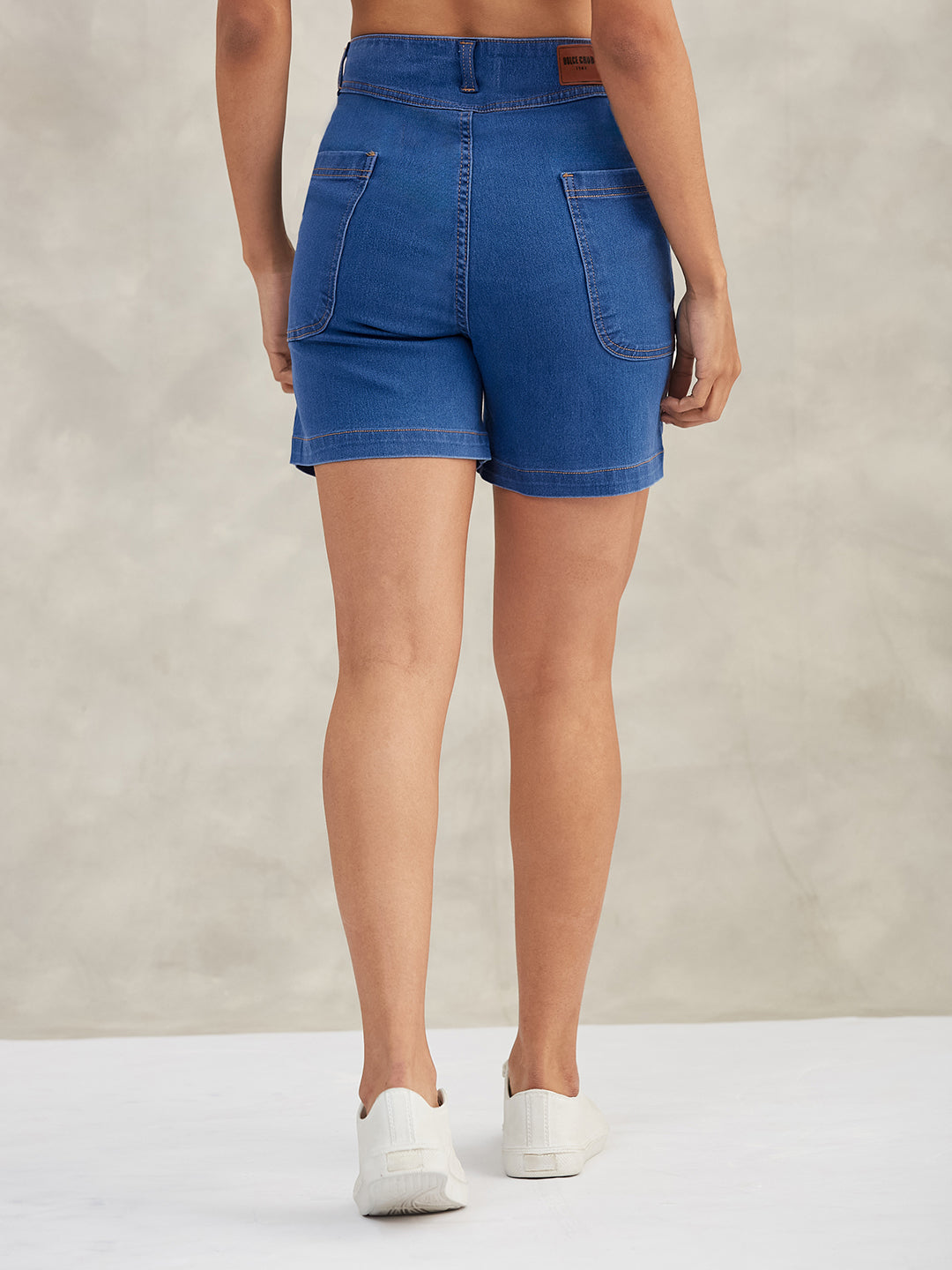 Relaxed-Fit Mid-Rise Stretchable Blue Denim Bermuda Shorts for Women — Dolce Crudo