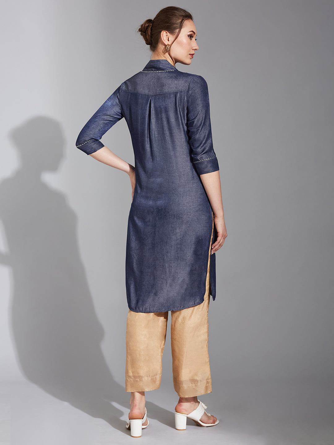 Women's Blue Stand Collar Three-Quarter Sleeve Solid Back Pleated Knee-Long Polyester Kurta