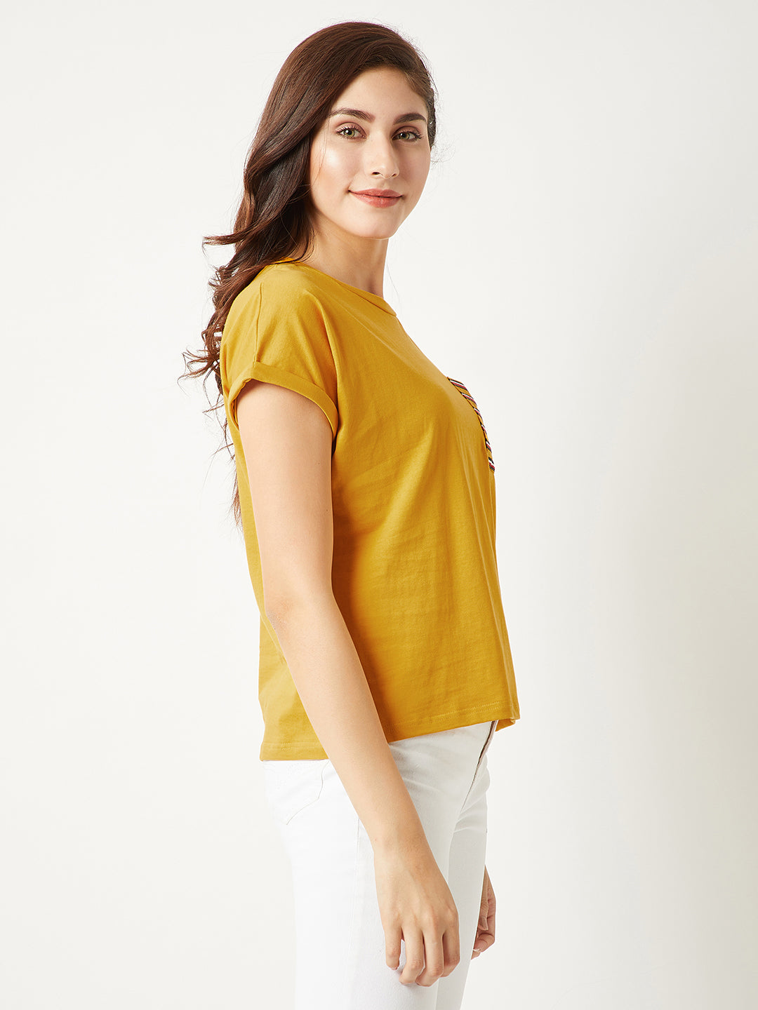 Women's Mustard Yellow Round Neck Continuous Short Sleeve Cotton Solid Twill Pocket T-Shirt