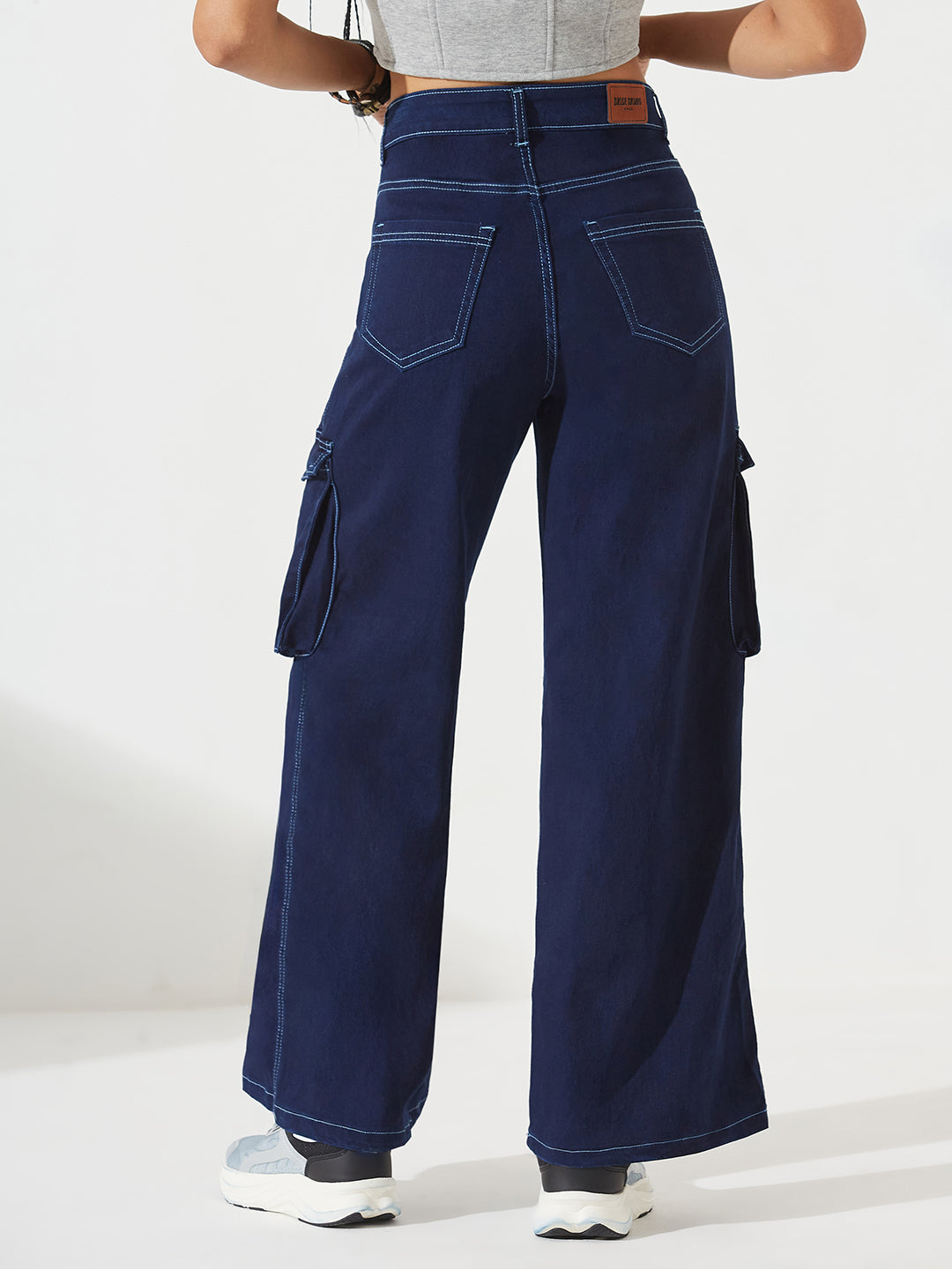 Navy-Blue Wide-Leg High-Rise Regular Stretchable Denim Jeans for Women