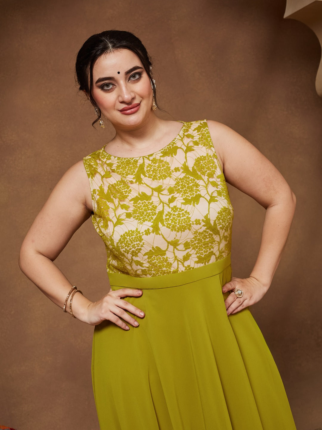 Lemon Green Round Neck Sleeveless Georgette Floral Lace Fit & Flare Maxi Dress for Women — Miss Chase A+