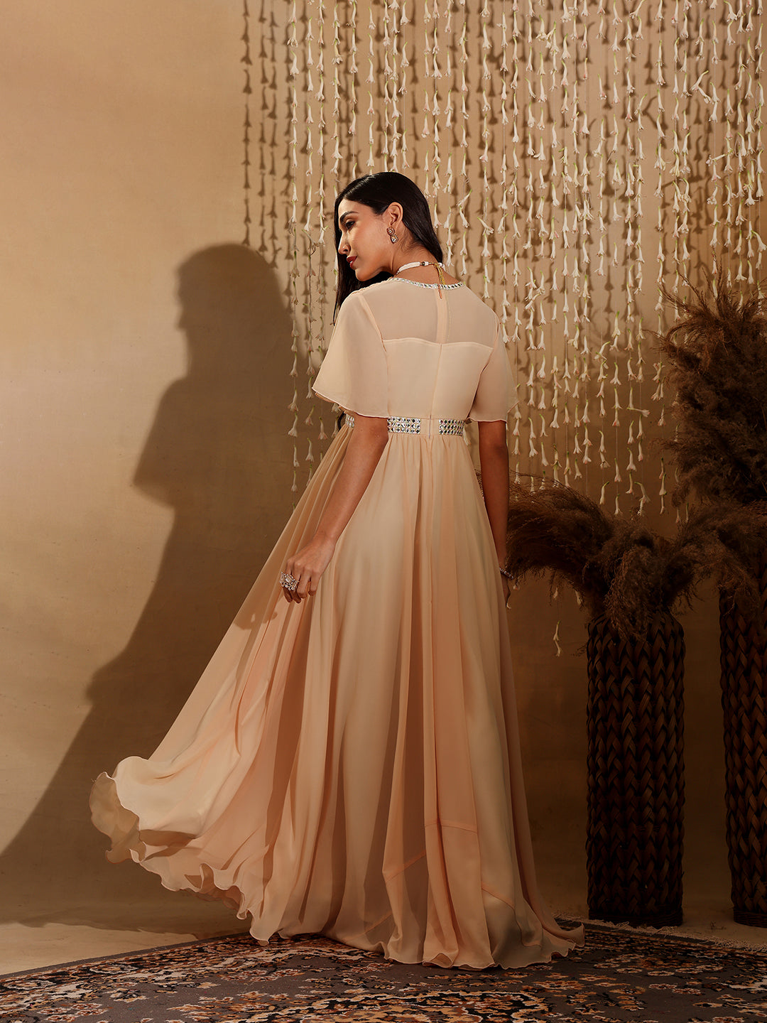 Women's Peach V-Neck Flared/ Bell Sleeves Georgette Solid Fit & Flare Maxi Dress