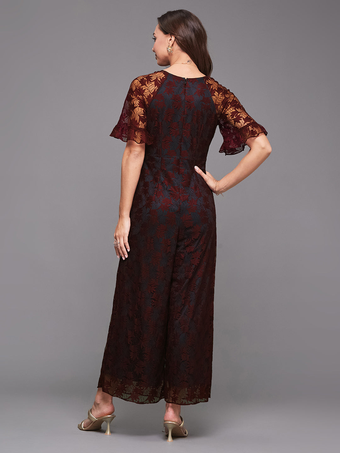 Women's Wine & Teal V-neck Half Sleeve Self-Designed Lace Overlaid Jumpsuit