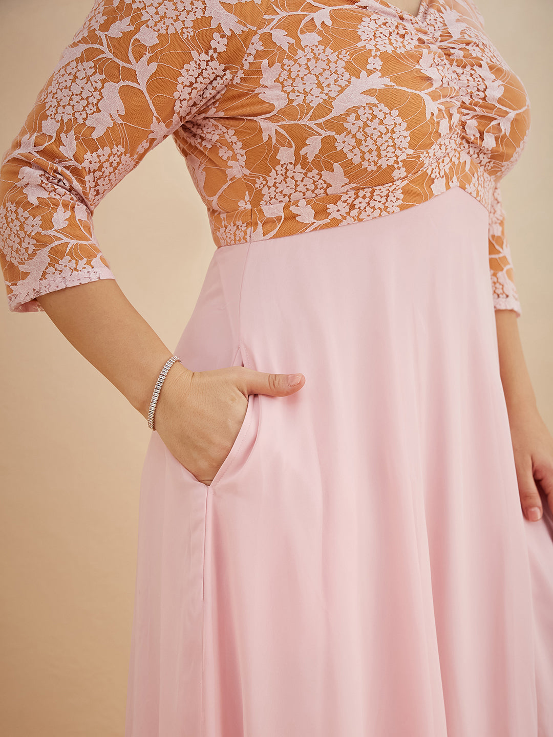 Dusty Pink V-Neck Raglan-Sleeve Self-Designed Empire-Styled Georgette Maxi Dress for Women — Miss Chase A+