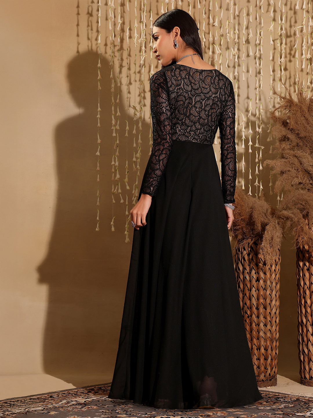 Women's Black V-Neck Full Sleeve Self Design Lace-Overlaid Georgette Maxi Dress