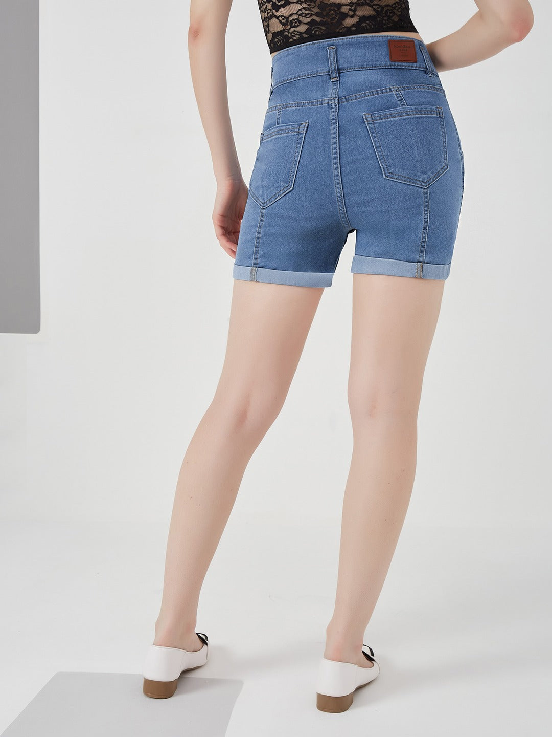 Blue Relaxed-Fit High-Rise Stretchable Blue Denim Shorts for Women