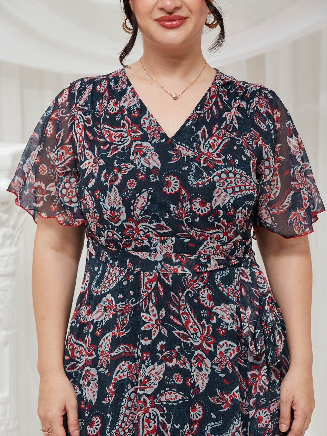 Navy Floral Wrap Chiffon Maxi Dress with Flutter Sleeves & Frilled Hem for Women — Miss Chase A+