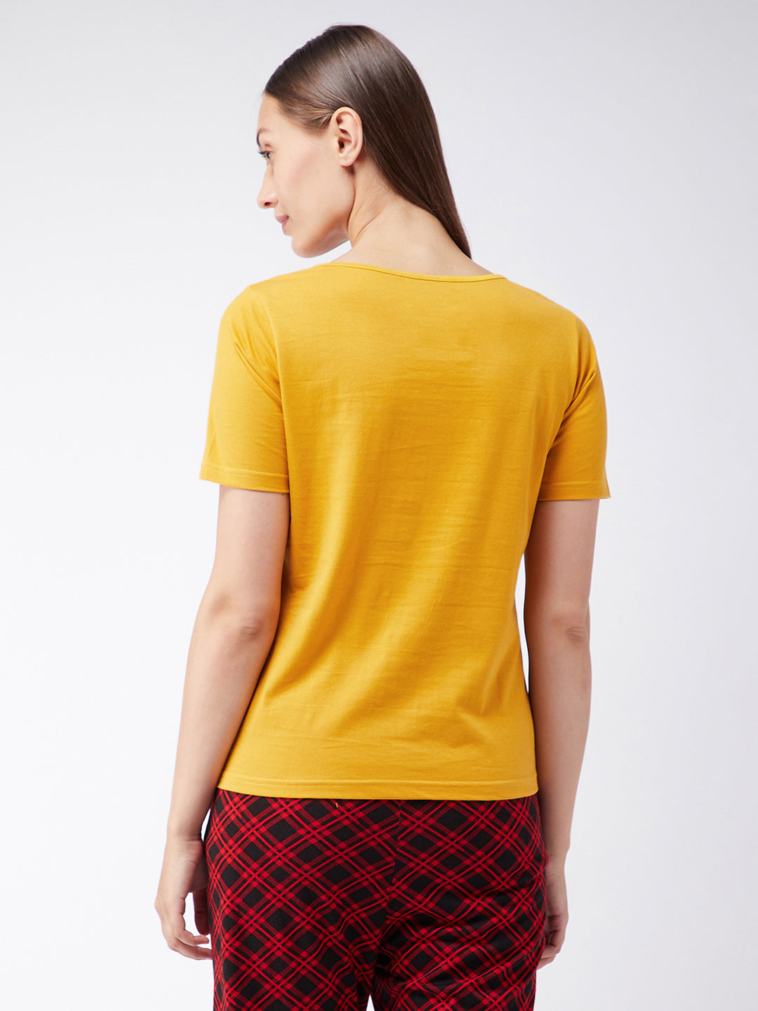 Women's Mustard Cotton Solid Regular Length Round Neck Short Sleeves Loungewear T-shirt