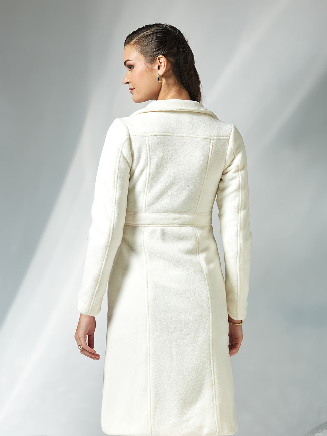 Women's Off White Solid Shirt Collar Full Sleeves Patched Pocketed Polyester Longline Winter Wear Jacket