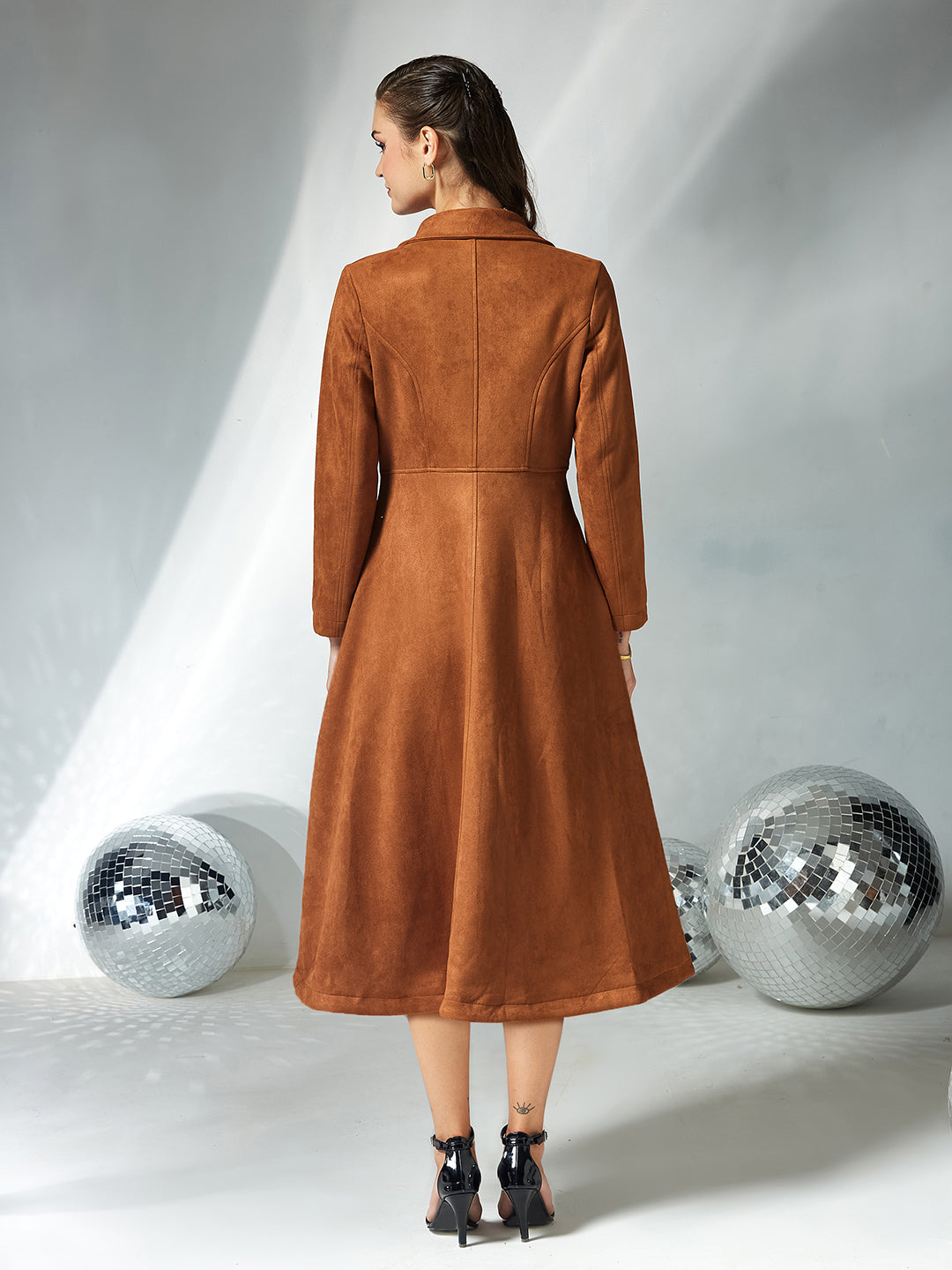 Women's Brown Solid V-Neck Full Sleeves Side Pocketed Polyester Double Breasted Longline Jacket