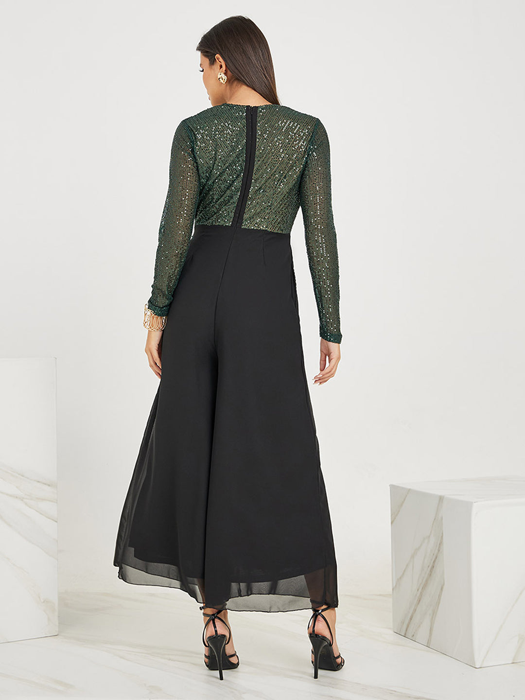 Women's Black V-Neck Full Sleeve Embellished Wrap Regular-Length Georgette Jumpsuit