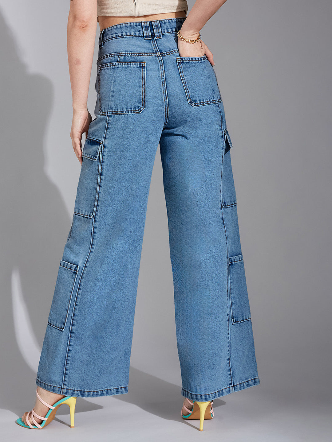 Women's Light Blue Wide-Leg High Rise Regular Denim Pant