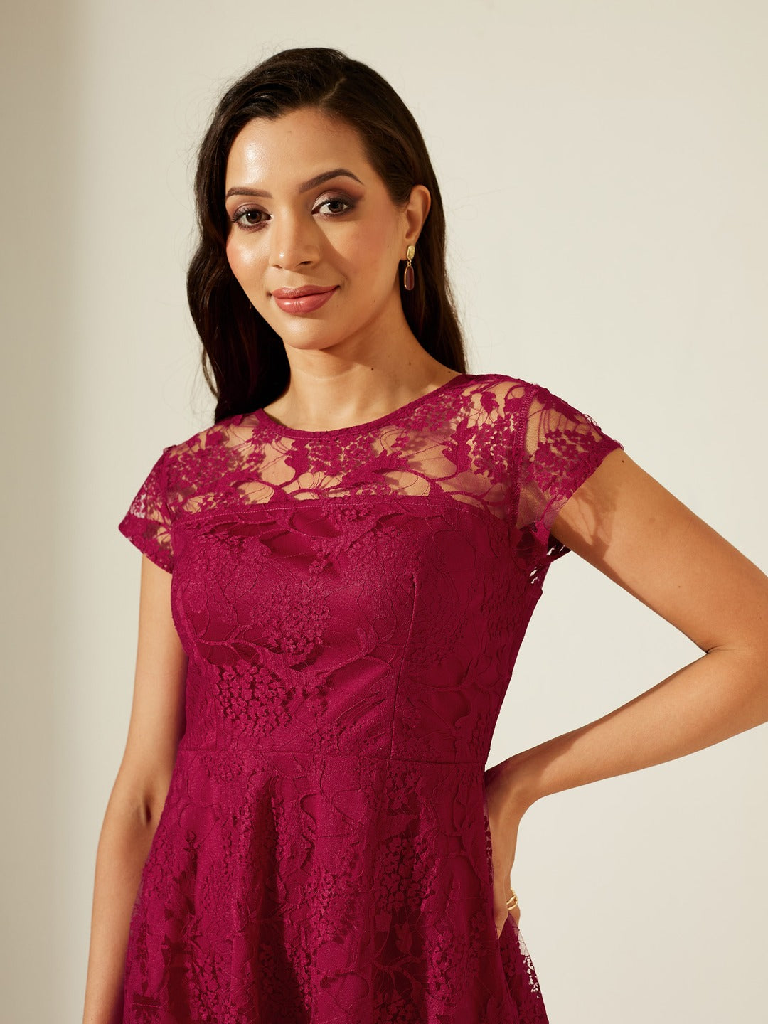 Dark Pink Round Neck Cap Sleeves Low Back Lace Skater Dress for Women