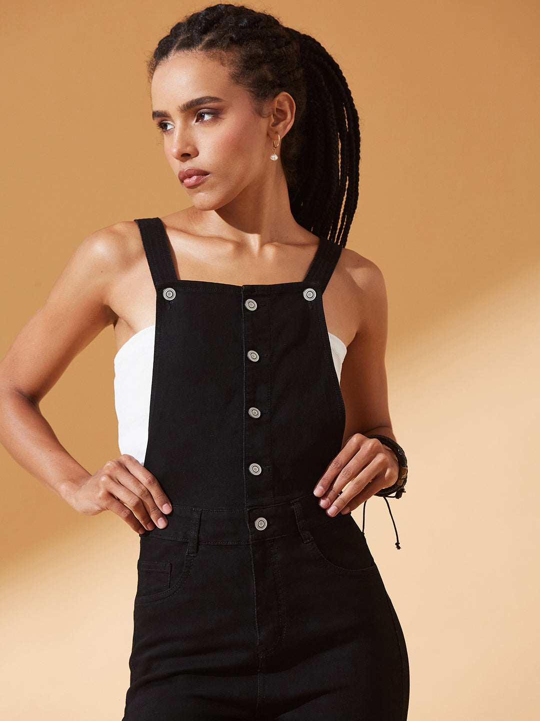 Black Skinny High-Rise Stretchable Denim Dungaree for Women — Dolce Crudo