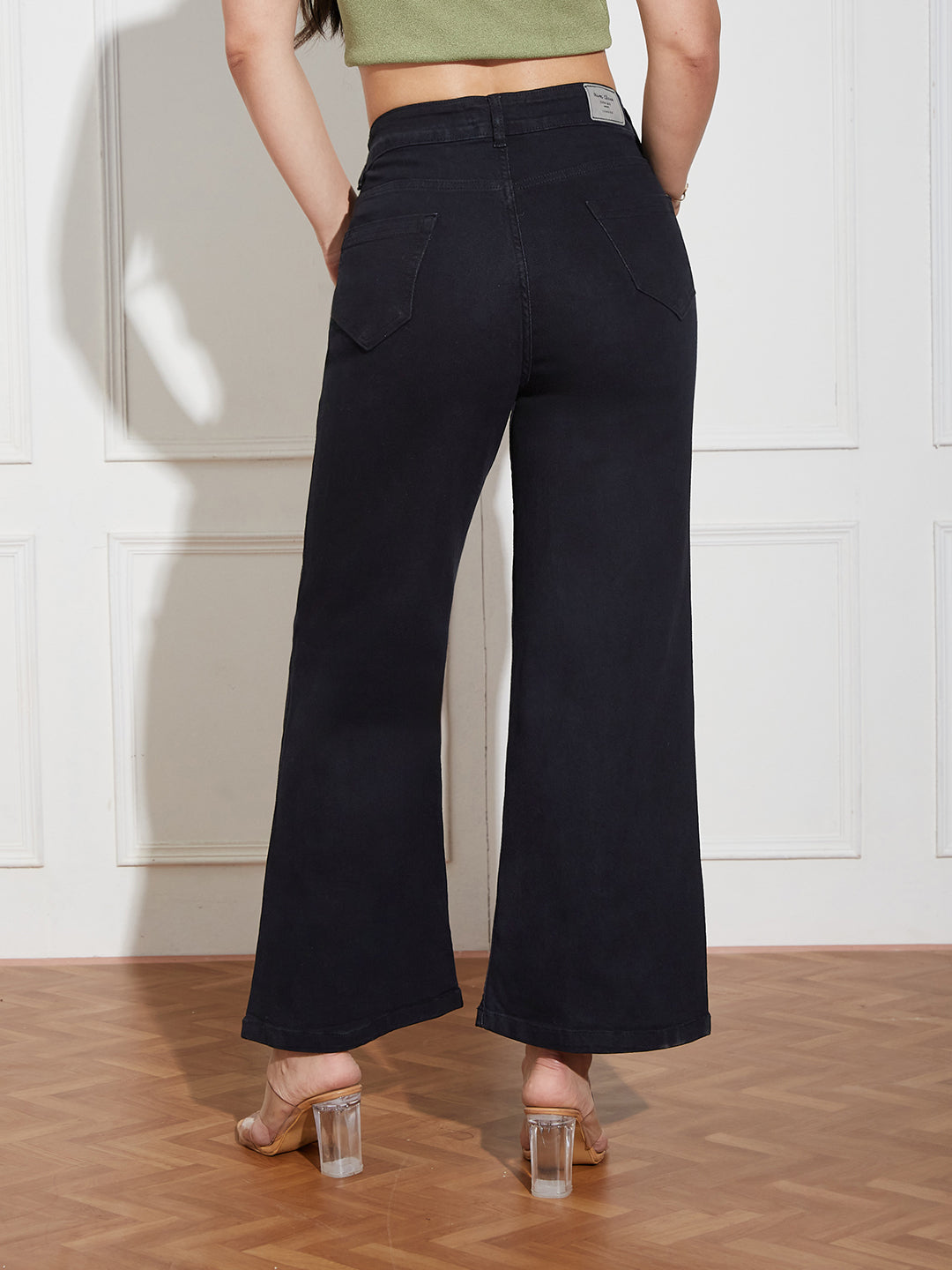 Women's Black Wide-Leg High Rise Clean Look Regular-Length Stretchable Denim Jeans