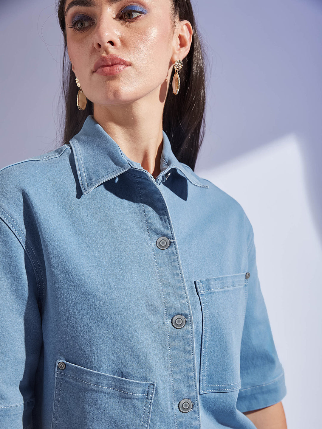 Women's Light Blue Shirt Collar Half Sleeve Asymmetrical Panelled Regular-Length Denim Shirt