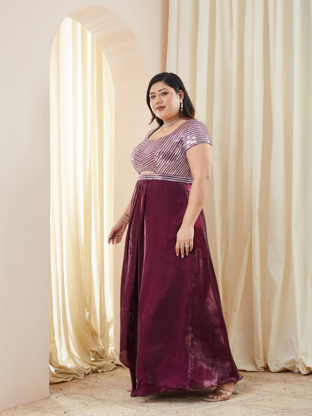 Embellished Dark Purple Gown in Luxe Pleated Satin with Sweetheart Neck for Women
