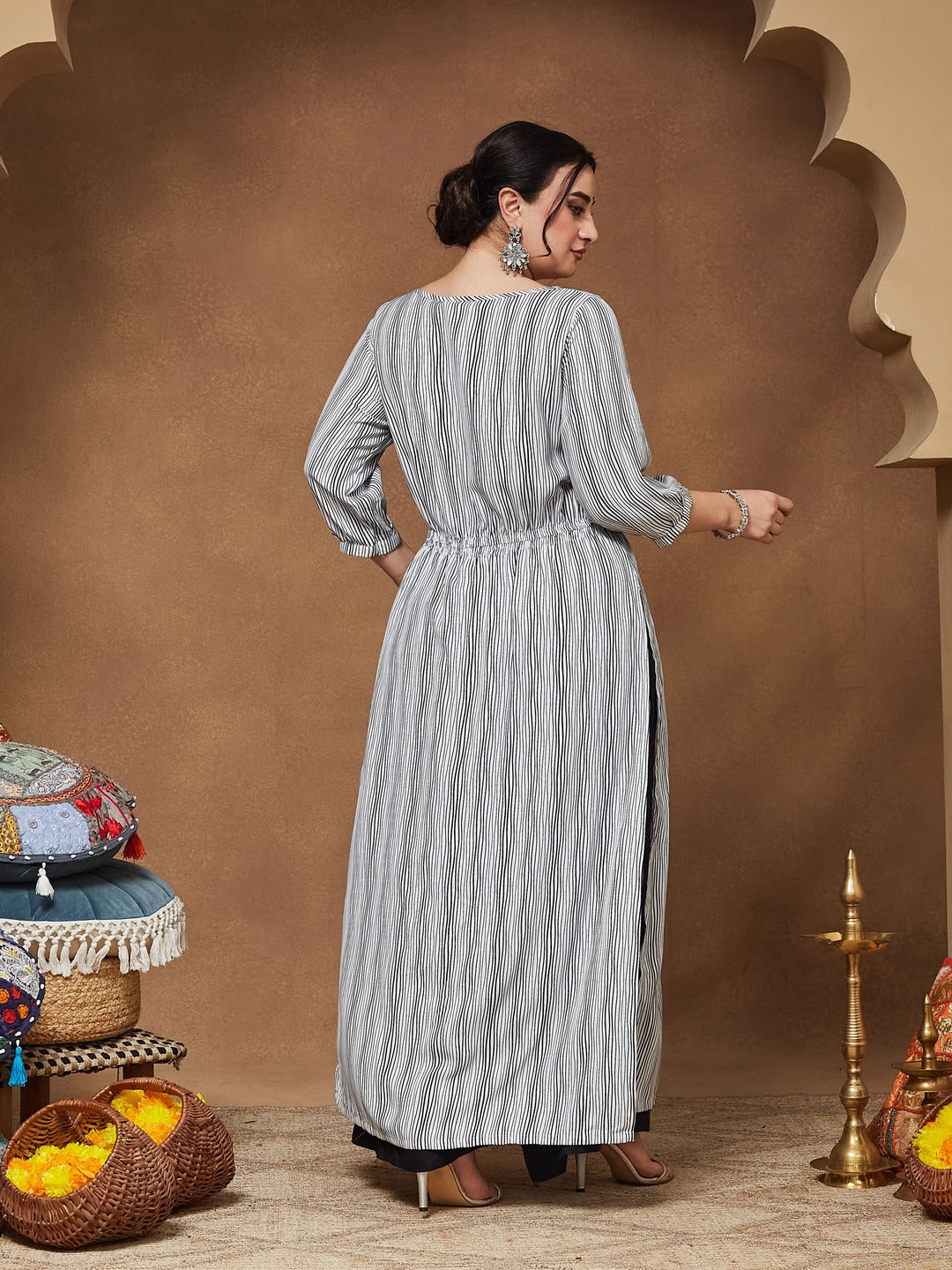 Black & White Round Neck 3/4 Sleeve Striped Tassel Tie-Up Detailing Maxi Top for Women — Miss Chase A+