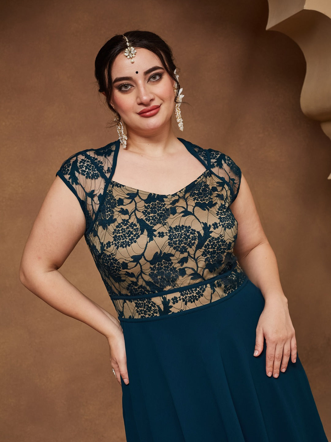 Teal Floral V - Neck Cap Short Sleeves Lace Overlaid Fit & Flare Paneled Maxi Dress for Women