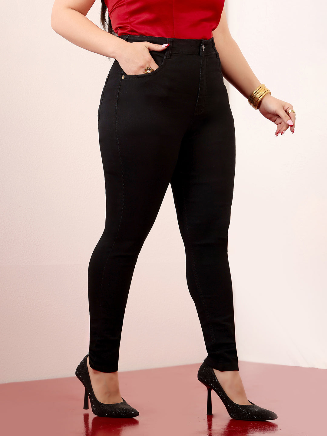 Women's Black Skinny Fit High-Rise Clean-Look Length Clean-Look Stretchable Denim Jeans