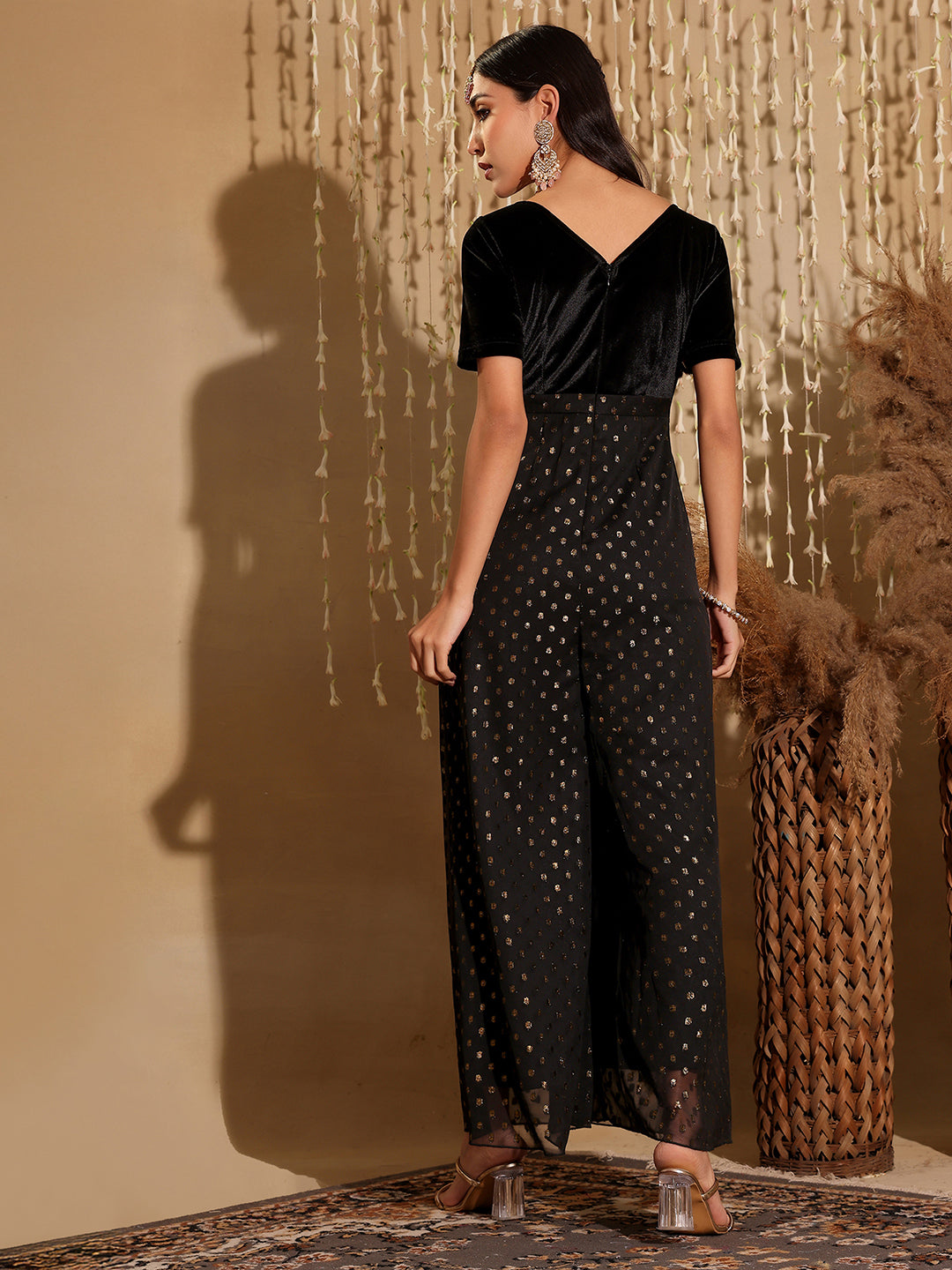 Women's Black Boat Neck Half Sleeve Wide-Leg Regular-Length Polyester Printed Jumpsuit