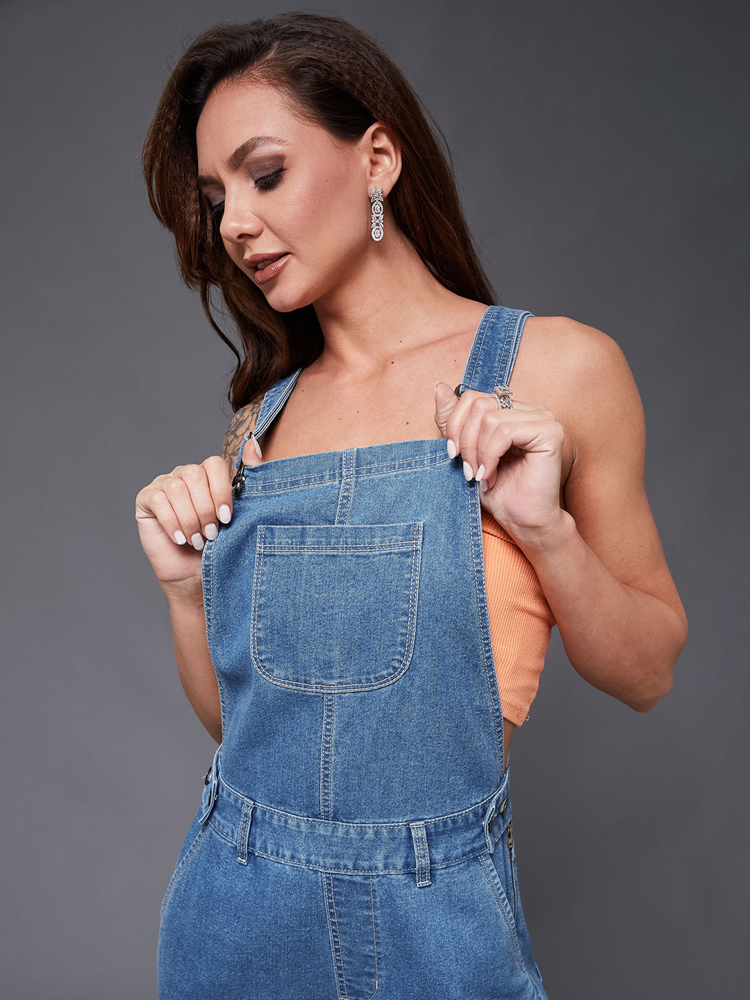 Women's Blue Regular Fit Mid Rise Regular Length Denim Dungaree