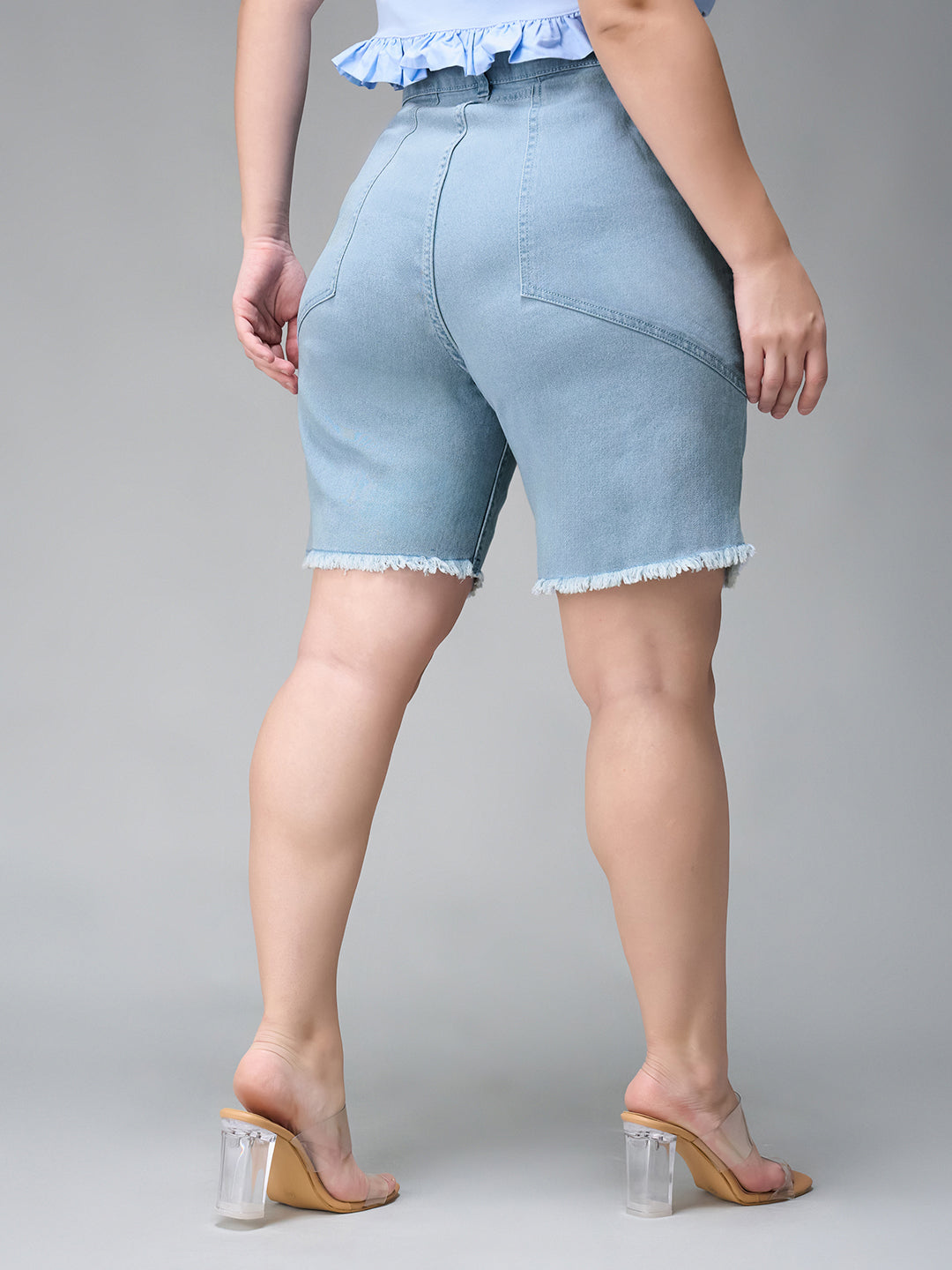 Women's Light Blue High-Rise Above Knee Stretchable Denim Shorts
