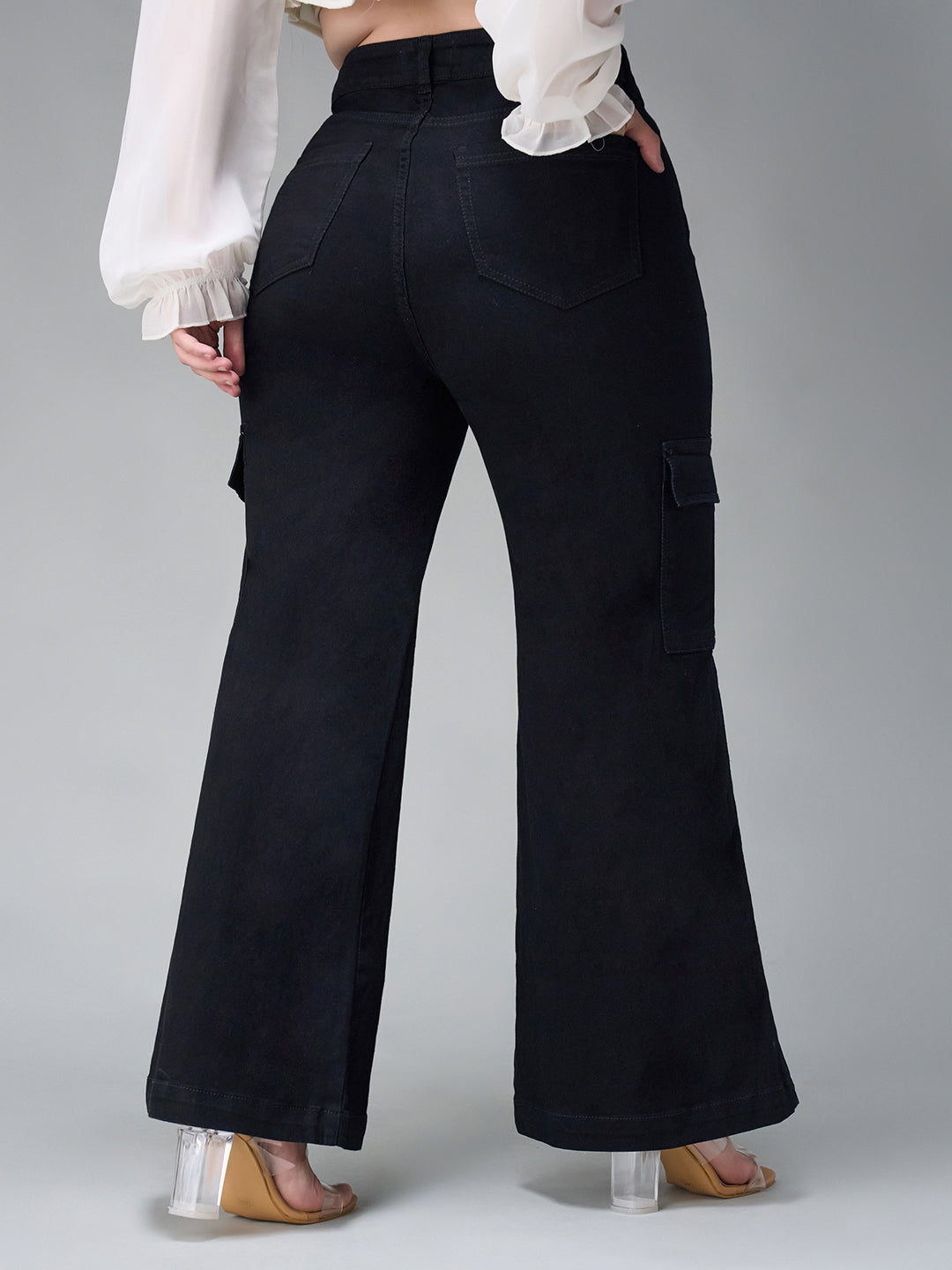 24/7 Comfort Black Wide-Leg High-Rise Stretchable Denim Cargo Jeans for Women