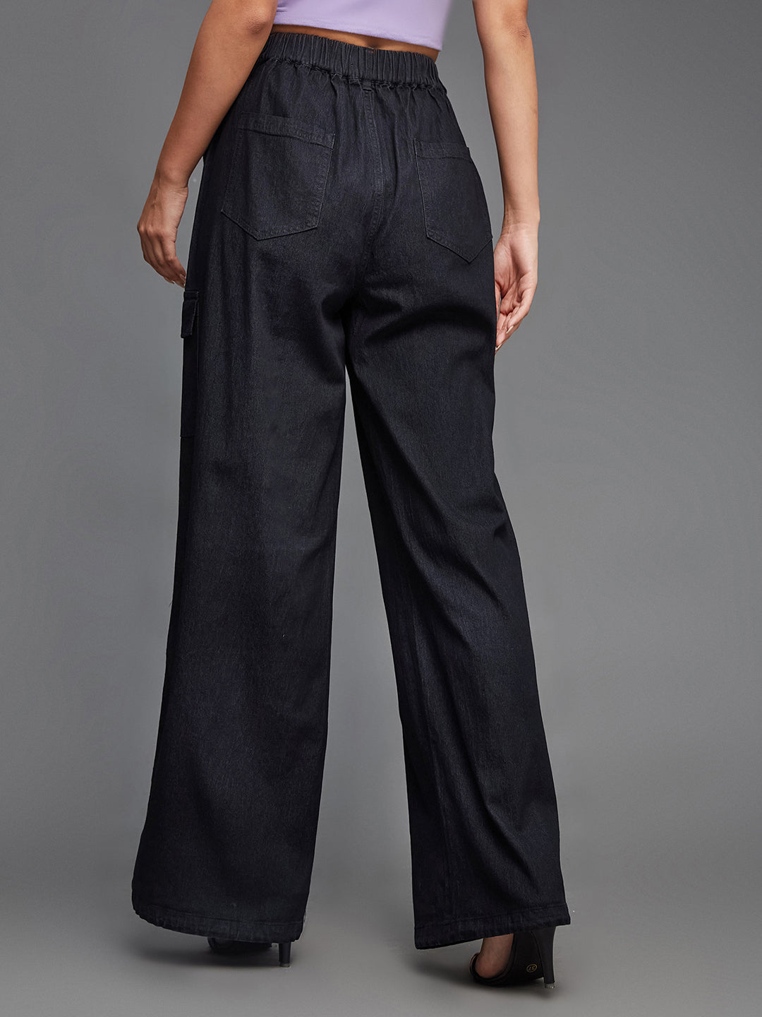 24/7 Comfort Black High-Rise Stretchable Light Weight Cotton Blend Denim Parachute Pants