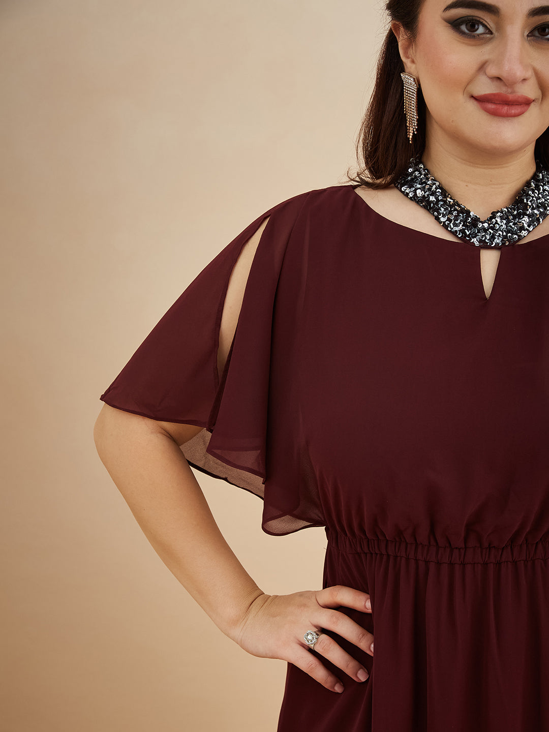Wine Red Round Neck Flared Solid Embellished Choker/Gathered Maxi Dress for Women — Miss Chase A+
