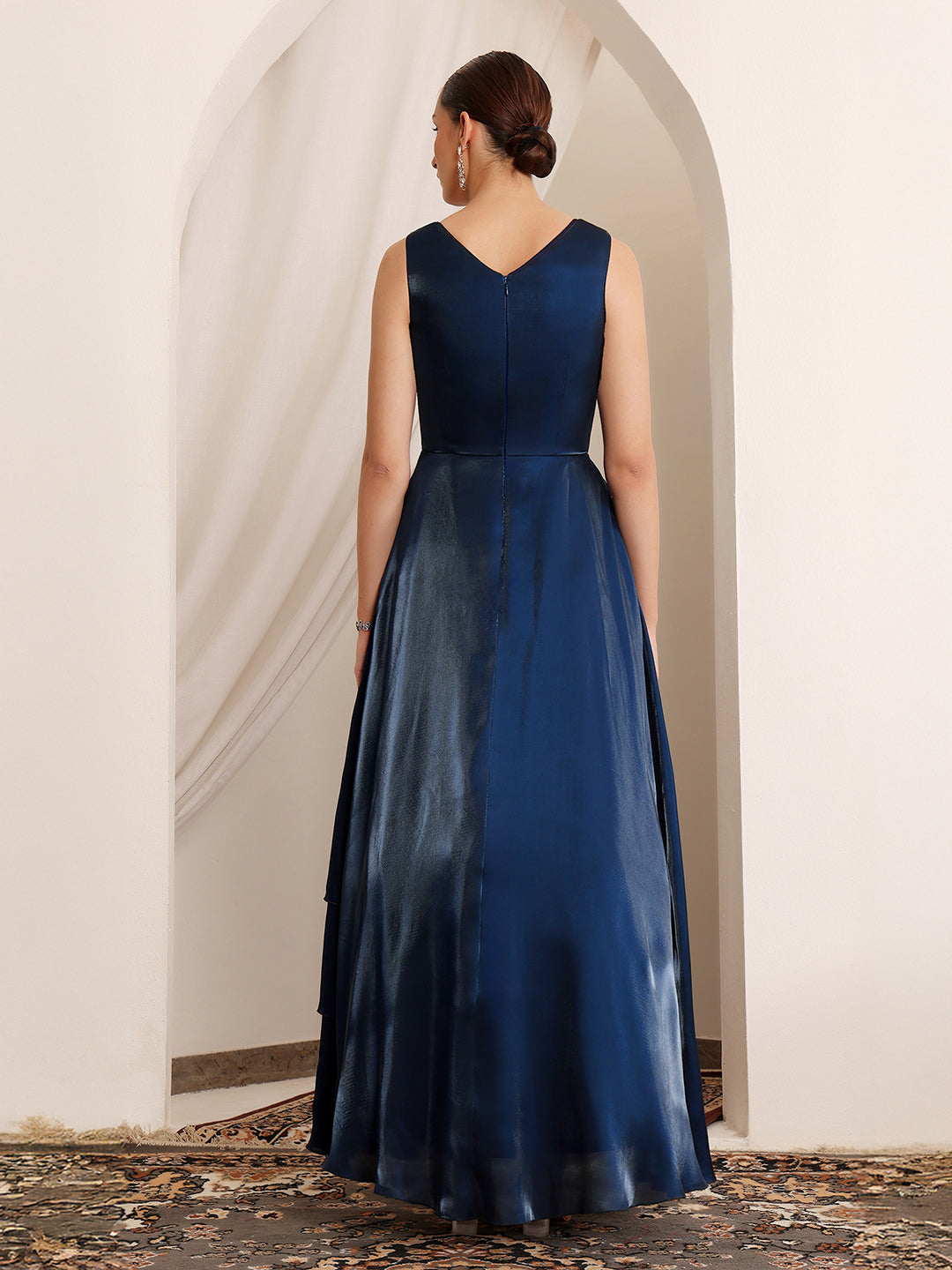 Women's Navy Blue Sweetheart Sleeveless Embroidered Layered Satin Maxi Dress