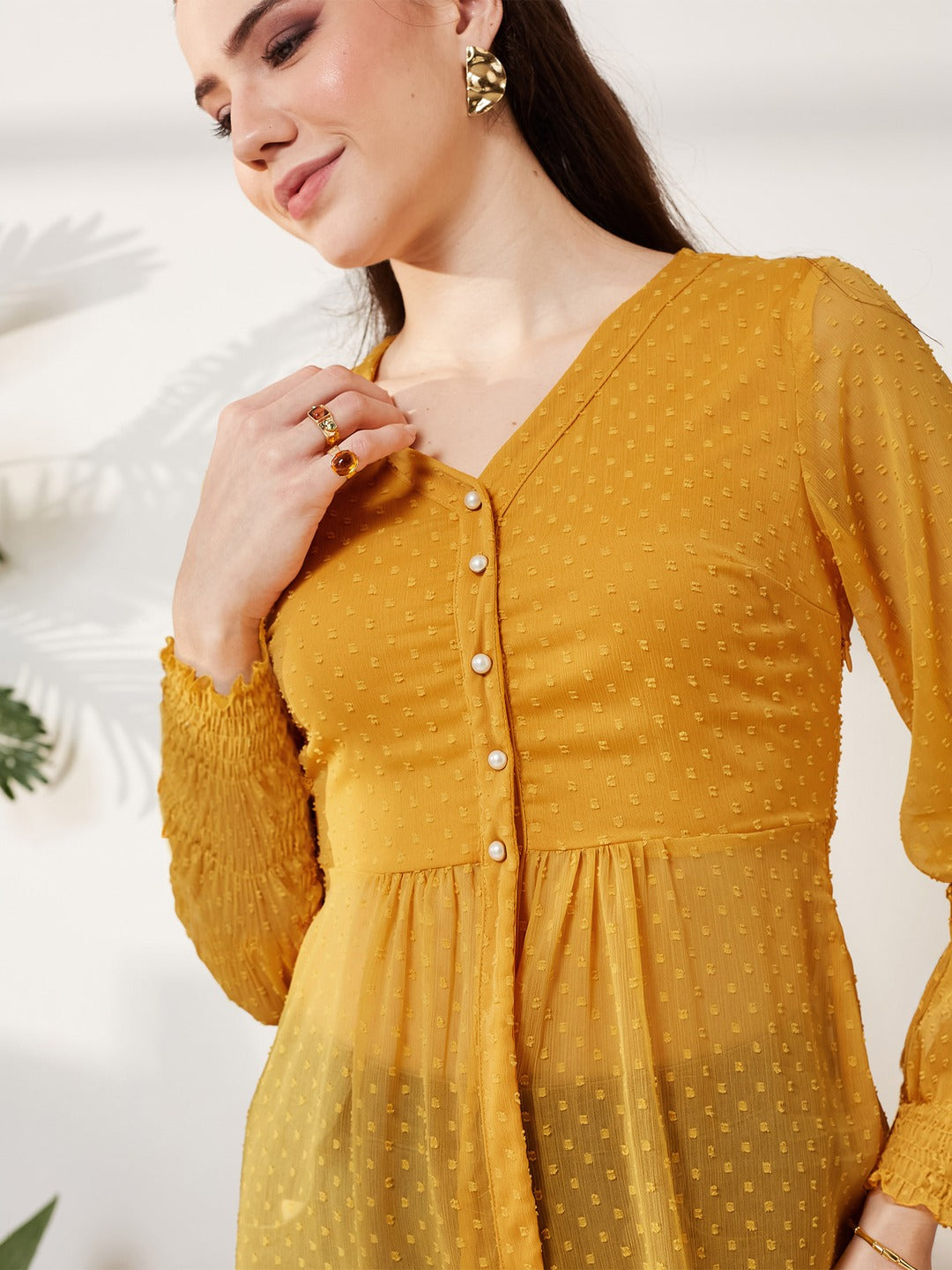 Mustard Yellow V-Neck 3/4 Sleeves solid empire Maxi Top for Women