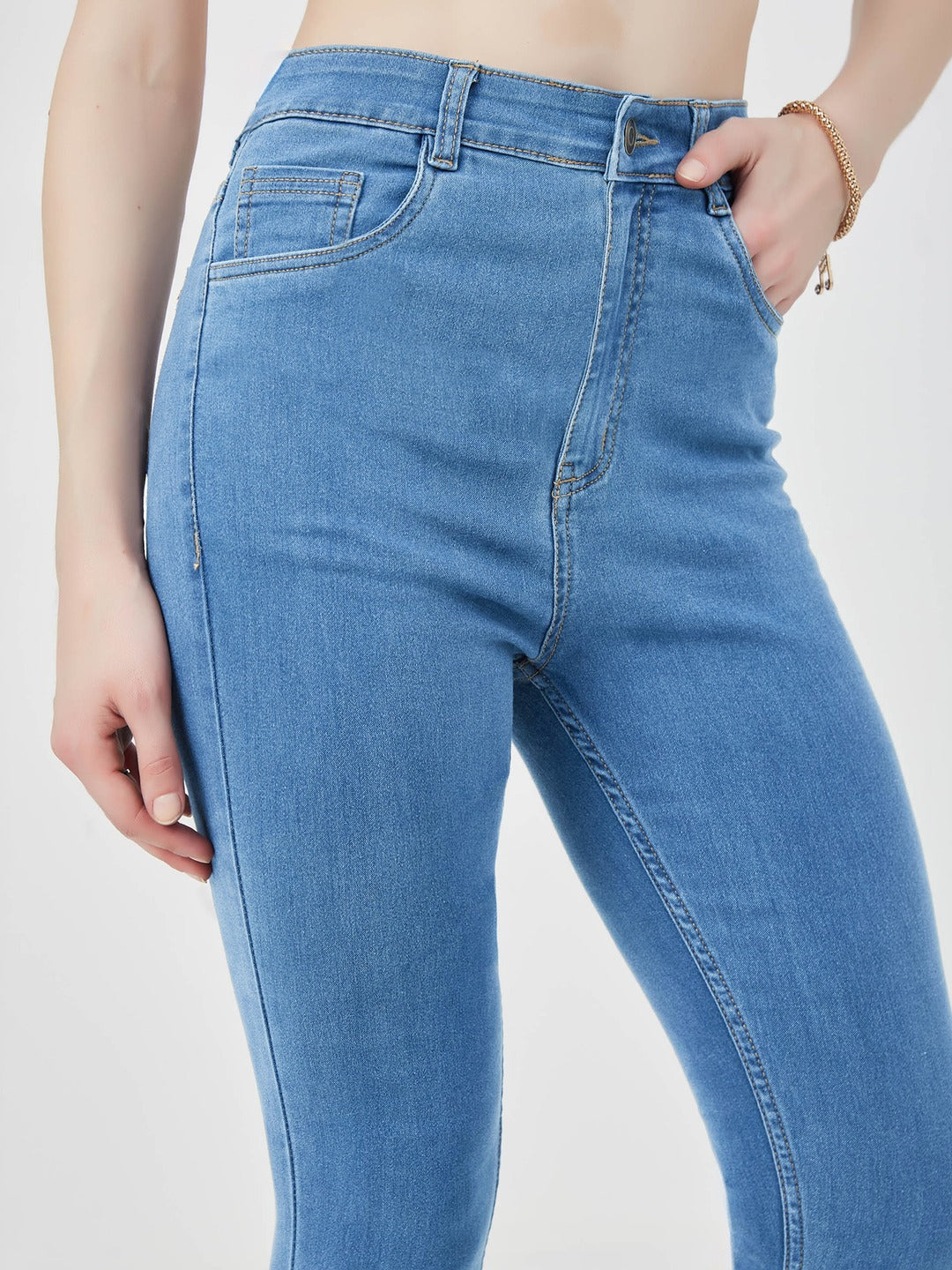 Blue Solid Skinny high-rise Cropped Fringe Detailing Solid Stretchable Denim Jeans for Women