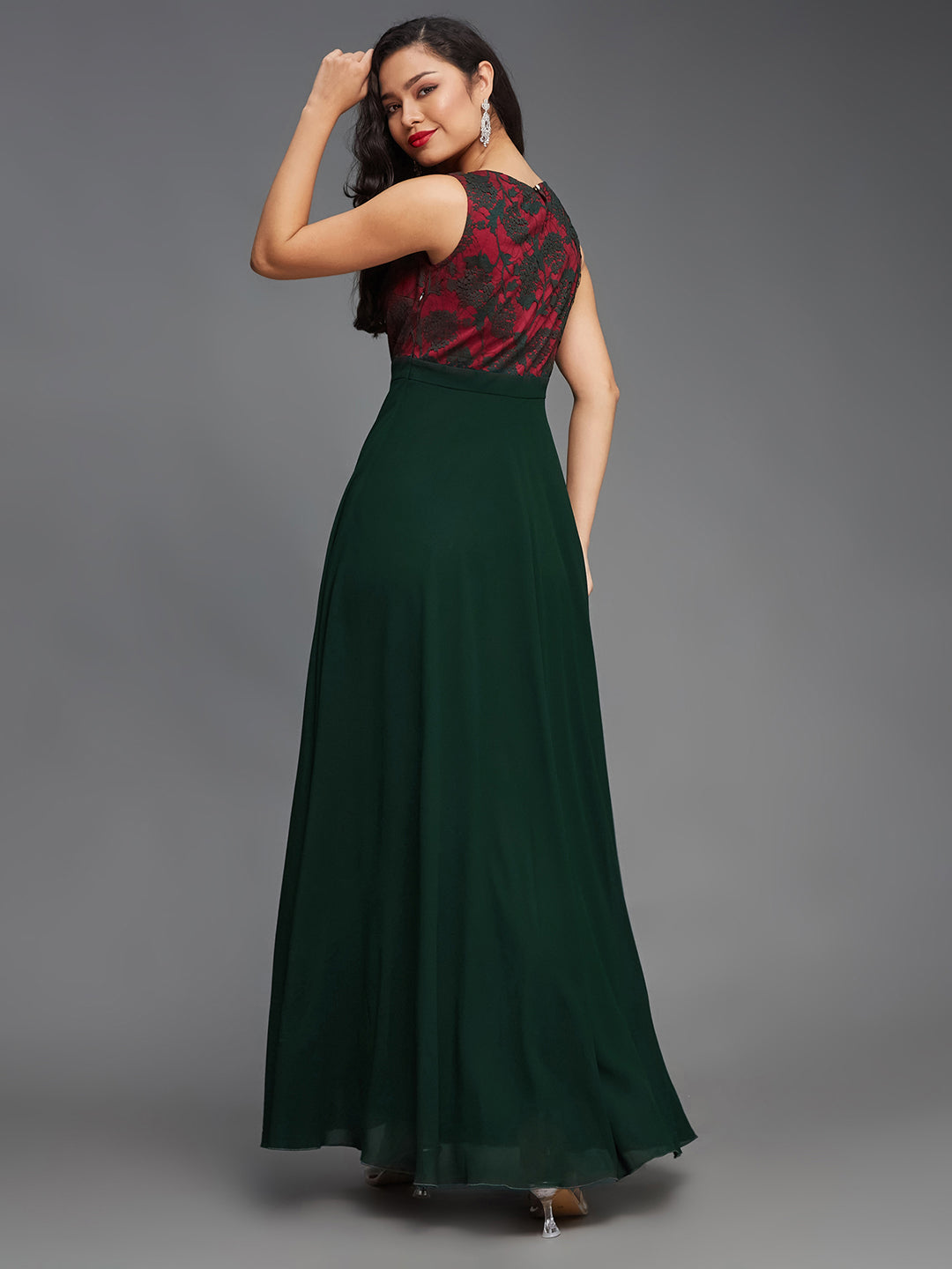 Dark Green Sleeveless Fit and Flare Lace Dress for Women