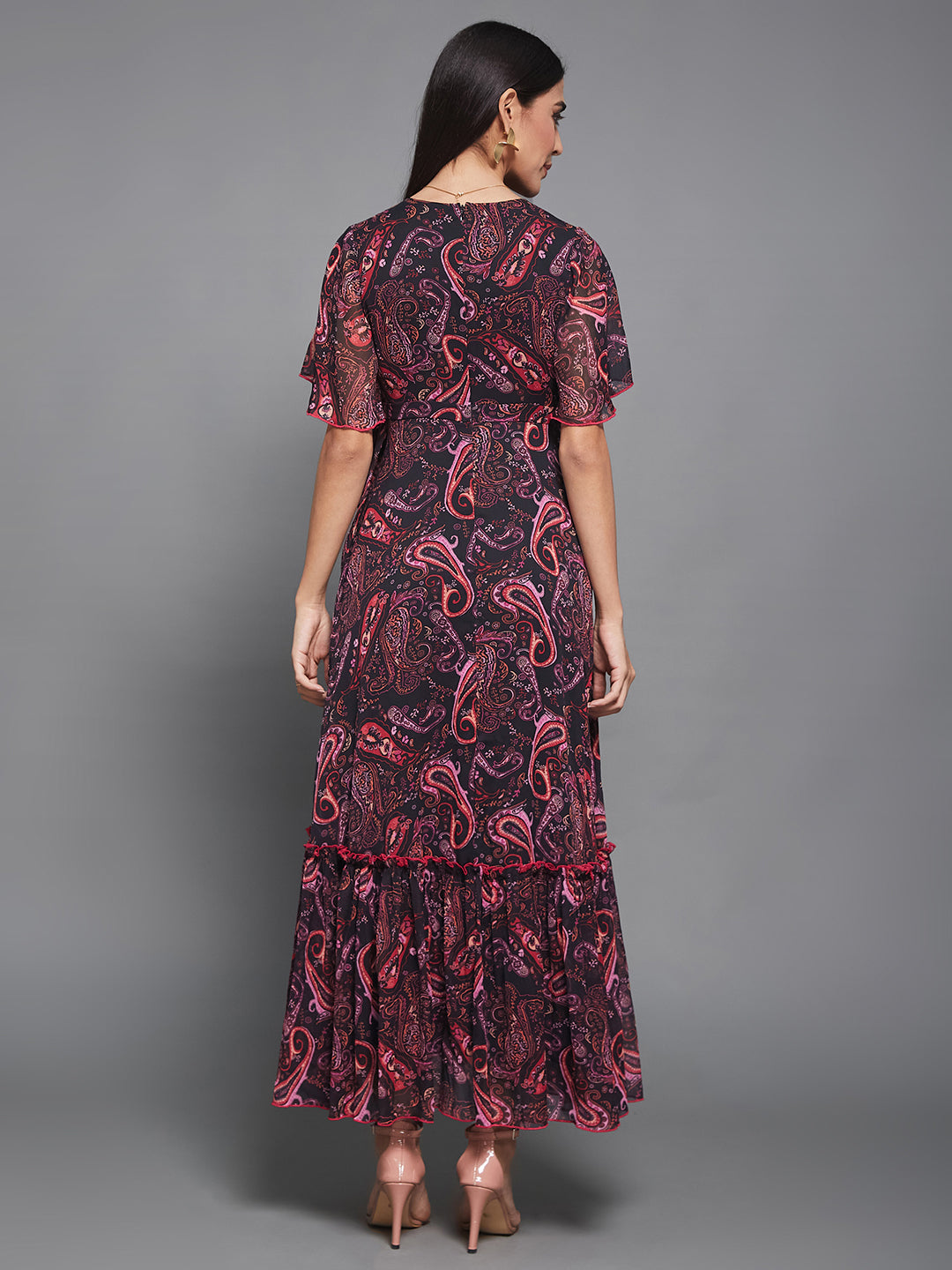 Women's Multicolored Base Black Bohemian V-Neck Flutter Sleeve Chiffon Relaxed Fit Wrap Maxi Dress