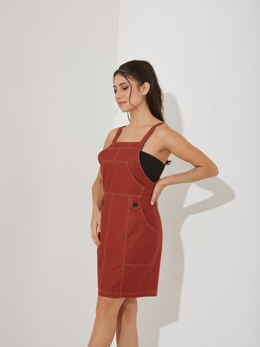 Women’s Rust Square Neck Solid Pinafore Knee-Long Cotton Dress for Women