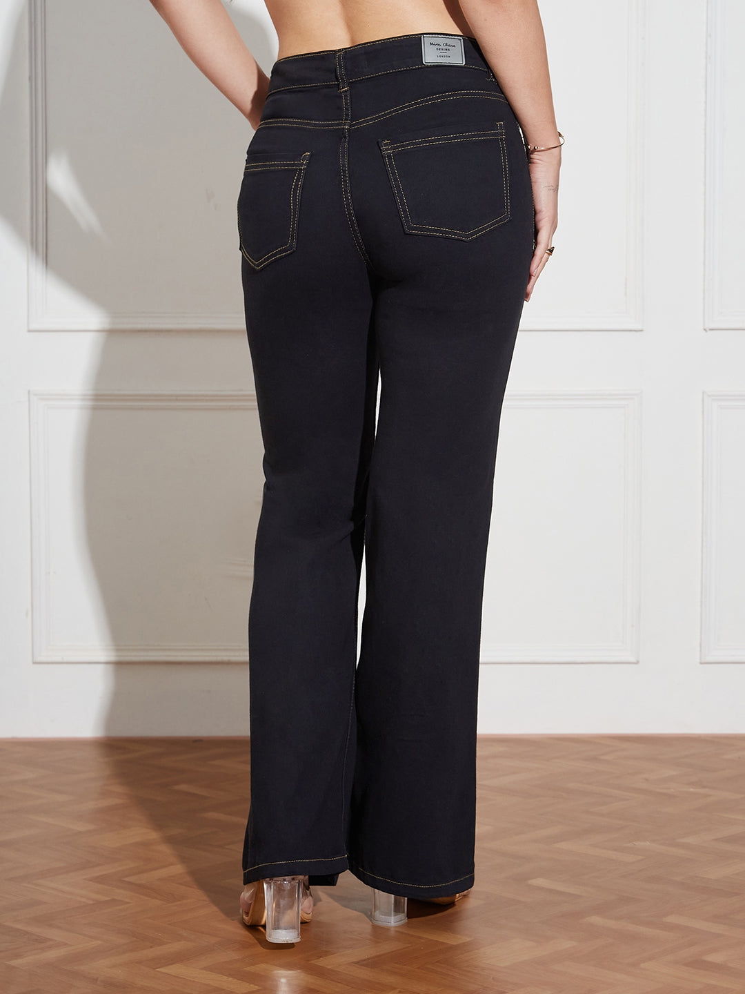 Women's Black Bootcut High-Rise Clean-Look Regular-Length Stretchable Denim Jeans